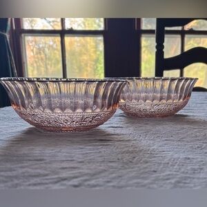 Vintage KIG Indonesia Trellis Pattern Pink Depression Glass Bowls 7” Set of 2